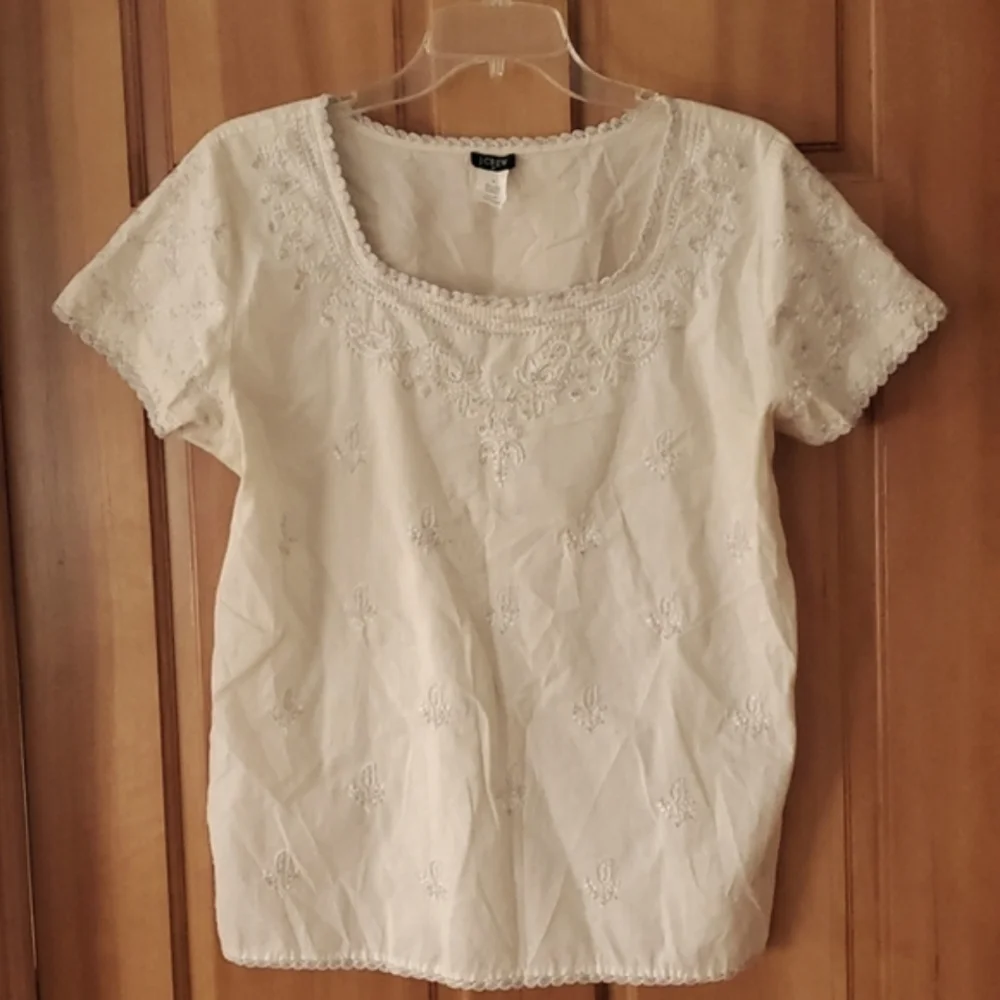 J. Crew Womans Cream Embroidered Boho Short Sleeve Blouse Size Small‎